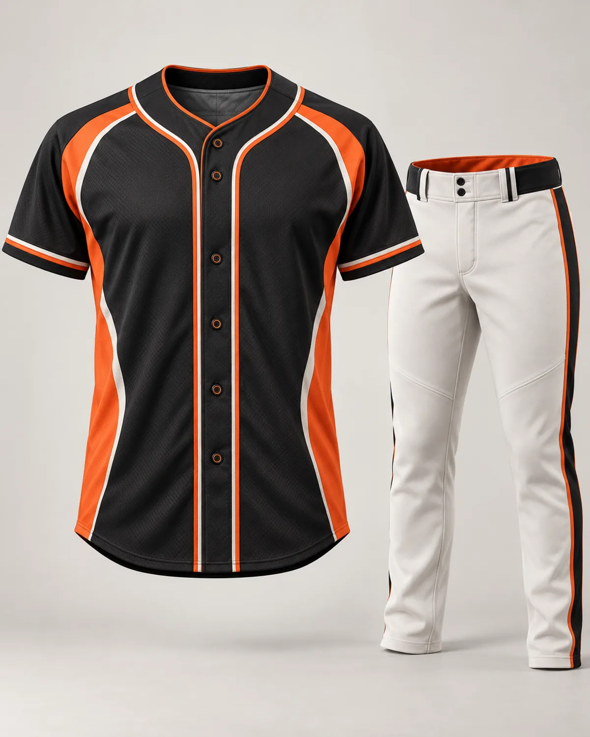 Black and orange baseball uniform design concept on a neutral studio background