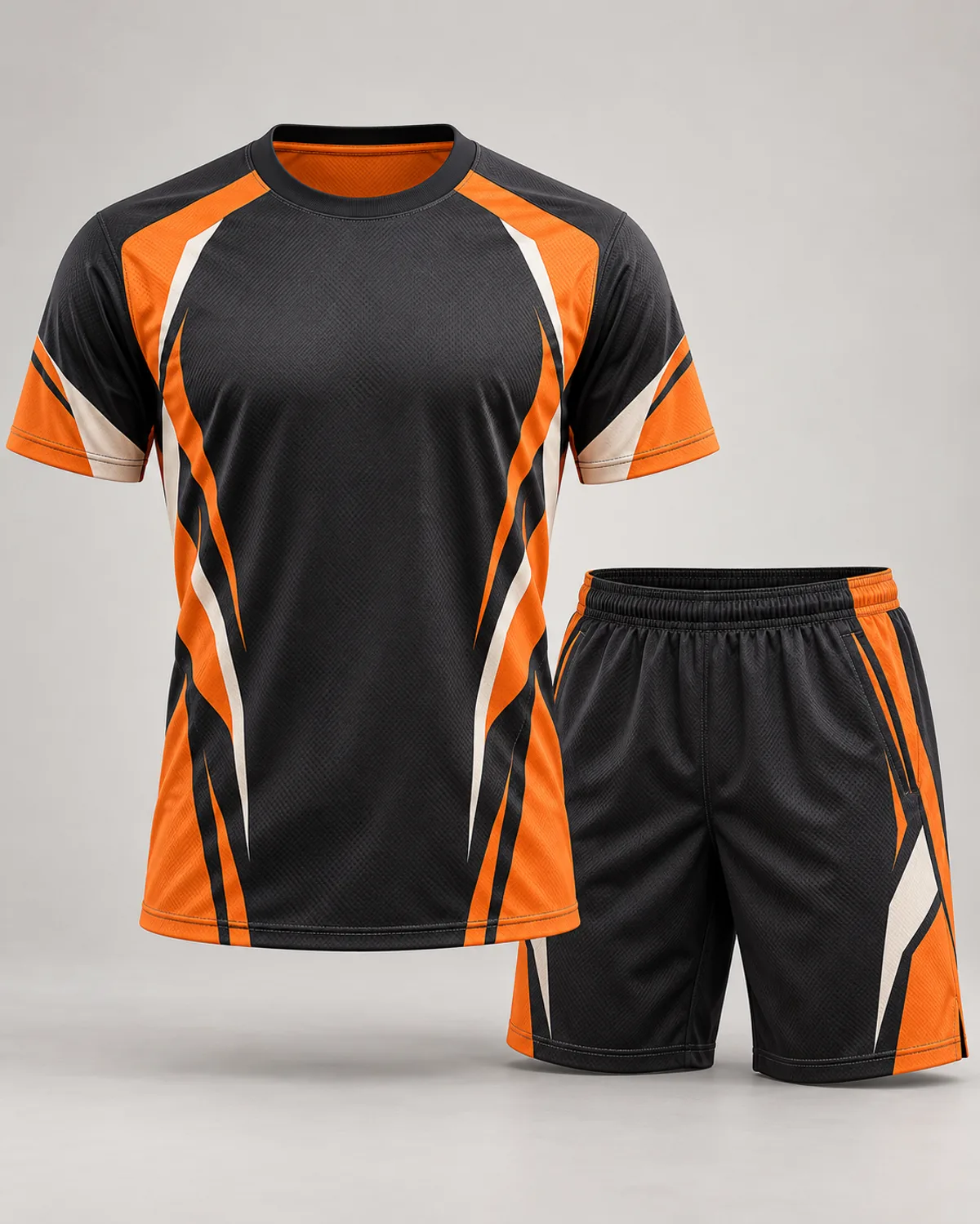 Black and orange cornhole uniform design concept on a neutral studio background