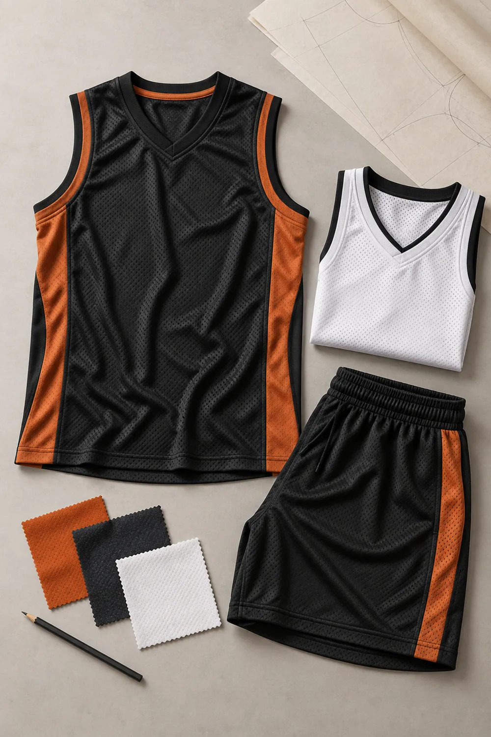 Illustrative sportswear design with fabric swatches