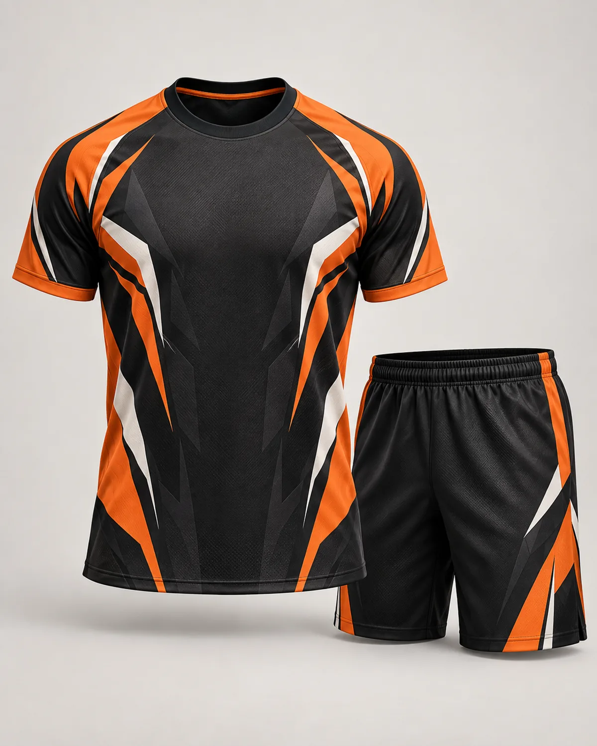 Black and orange esports uniform design concept on a neutral studio background
