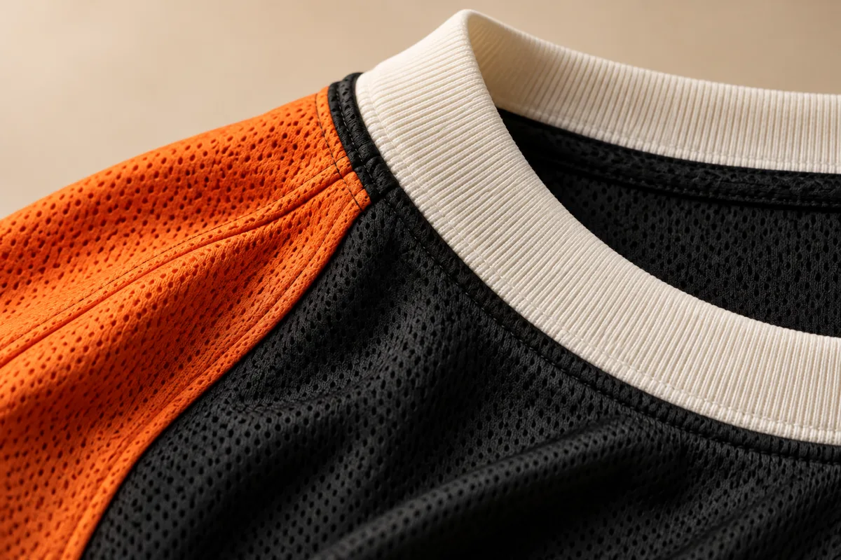 Illustrative mesh fabric and stitched collar detail