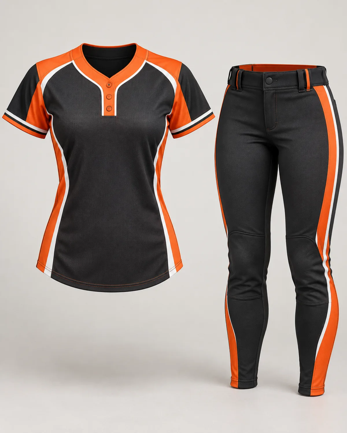 Black and orange fastpitch uniform design concept on a neutral studio background
