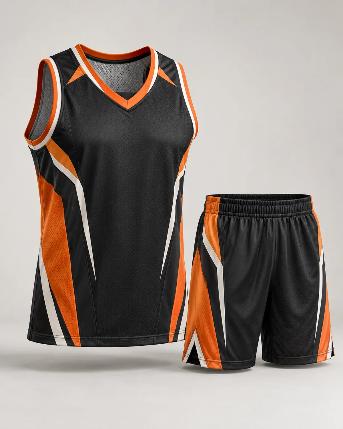 Black and orange lacrosse uniform design concept on a neutral studio background