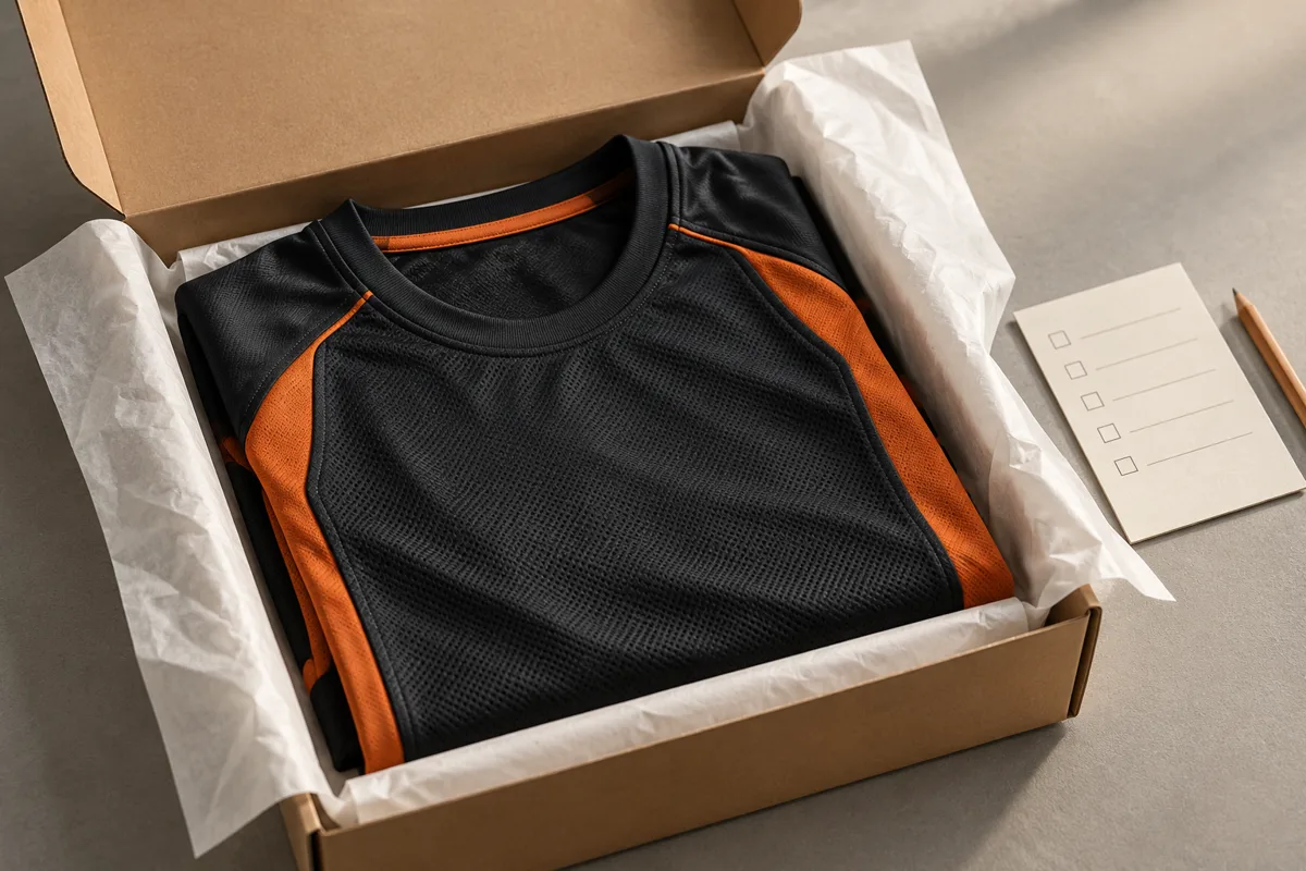 Illustrative folded team jersey in an open box beside an order checklist.