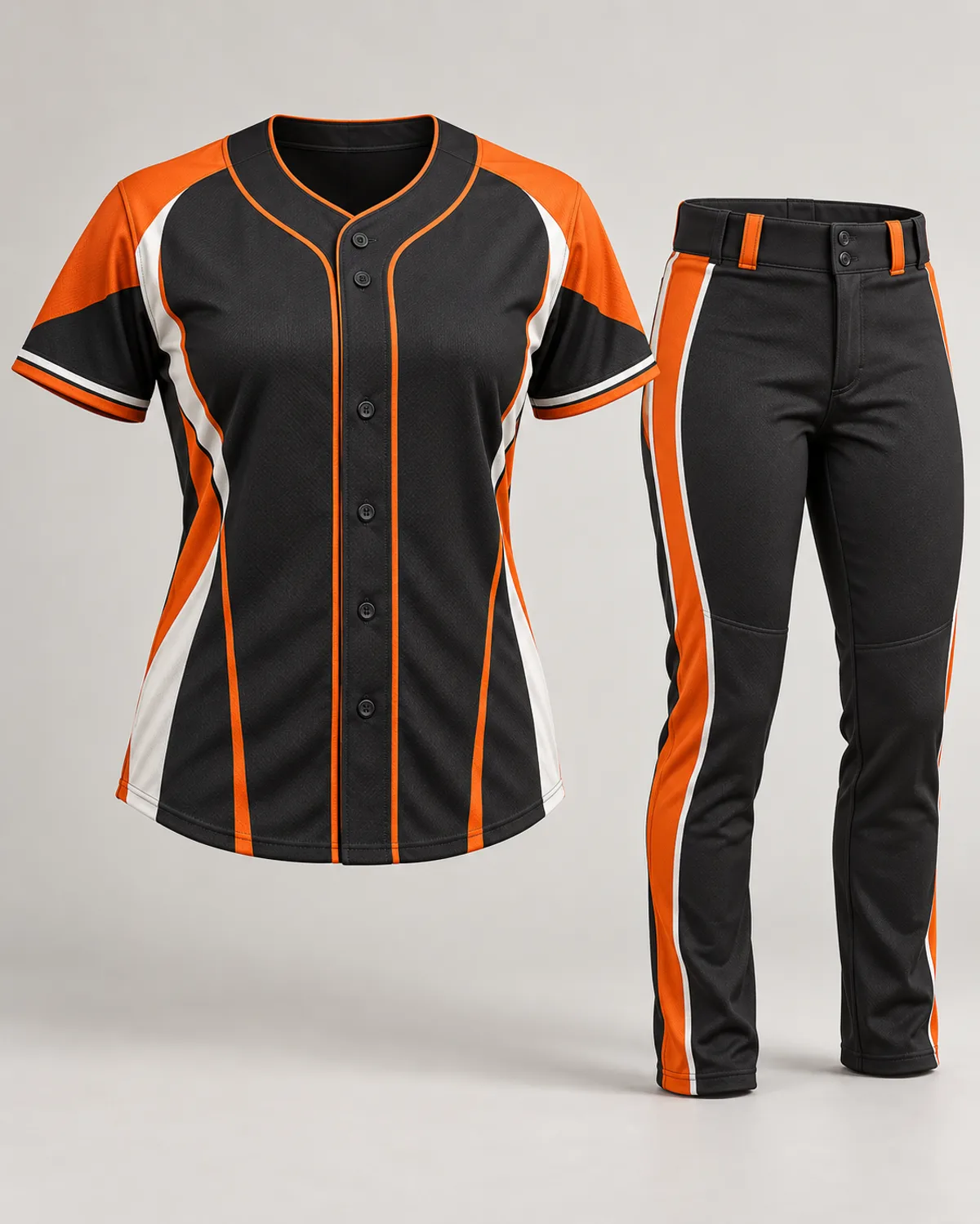 Black and orange slowpitch uniform design concept on a neutral studio background