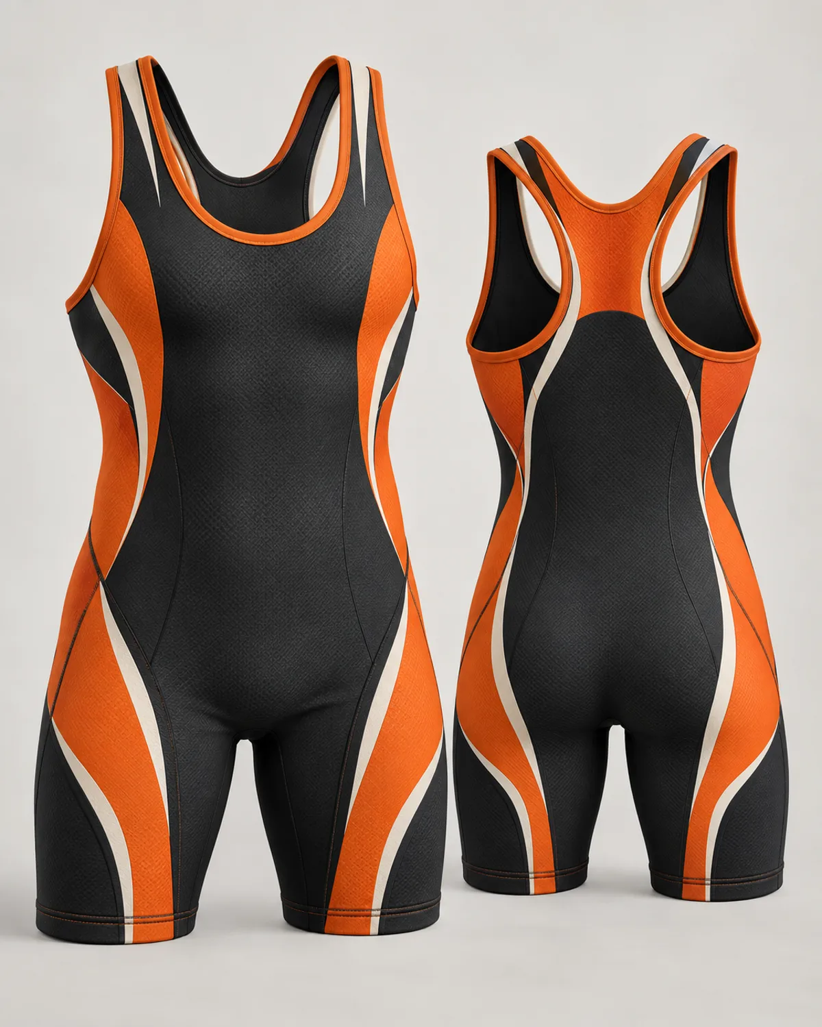 Black and orange wrestling uniform design concept on a neutral studio background